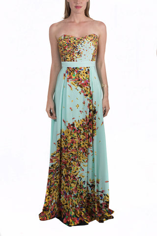 Vestido largo verde agua print hojas